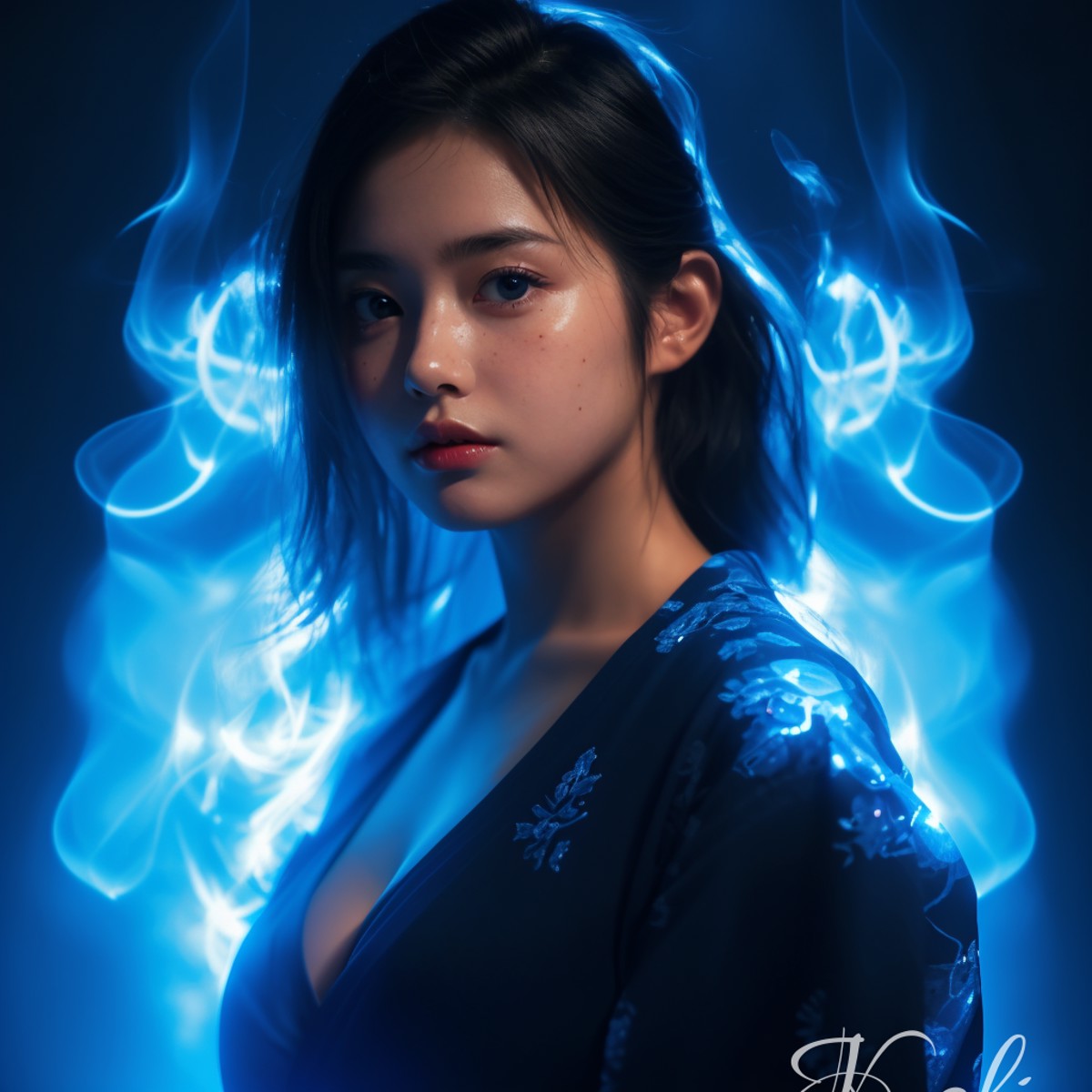 realistic photography of a 30yo Japanese girl,  

in front of large blue glowing effect, sparks, smoke, motes, blue light,...